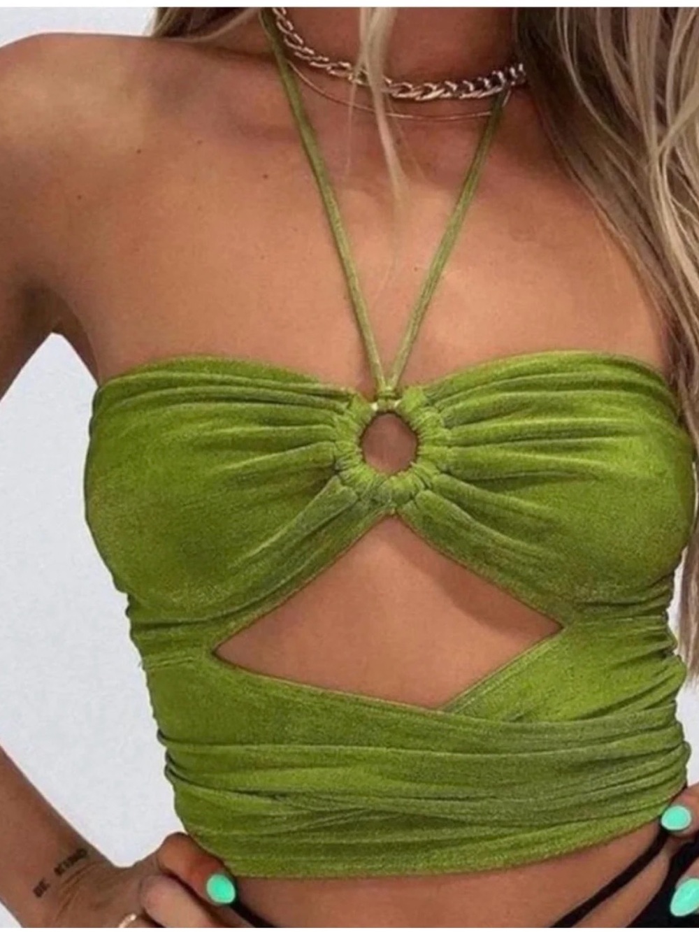 Princess Polly Green Halter Crop Top Size 6 Y2K Going Out Cutout Wrap Halter